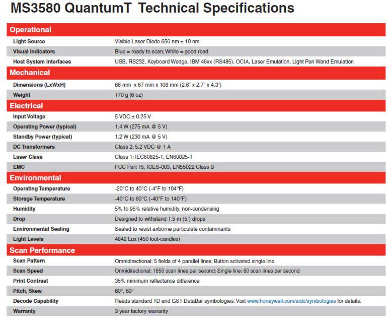 MS3580 Specifications