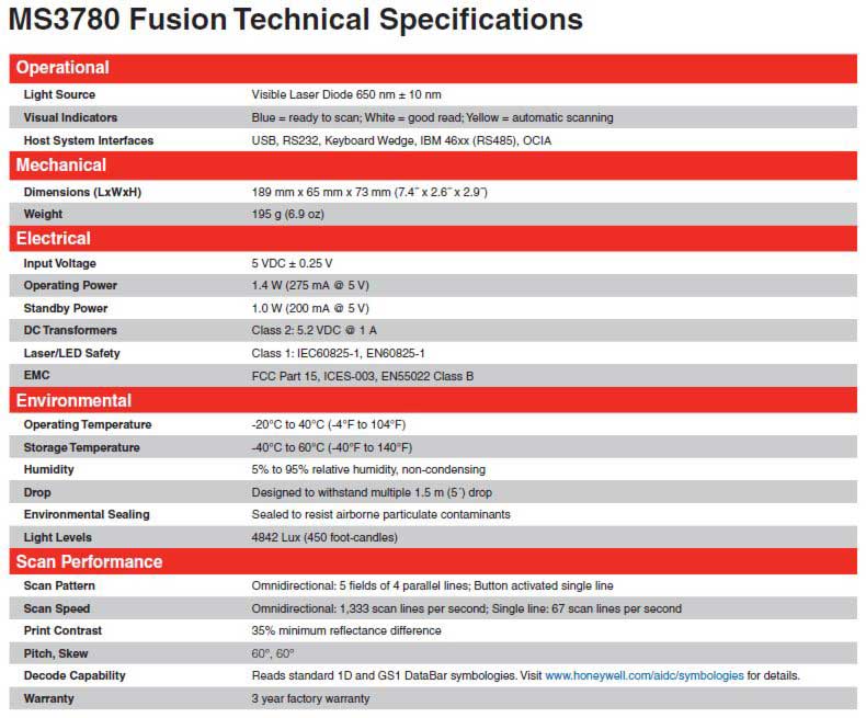 MS3780 Fusion Omni Barcode Scanner Specifications