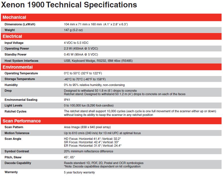 Xenon 1900 Specifications
